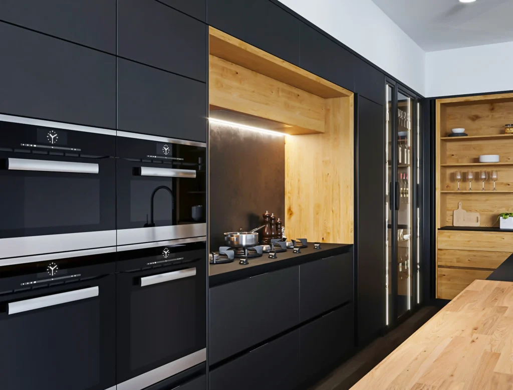 Black kitchen with dark wood