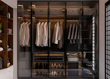 White with black closet with windows right
