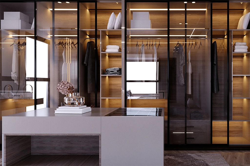 gray closet with doors glass