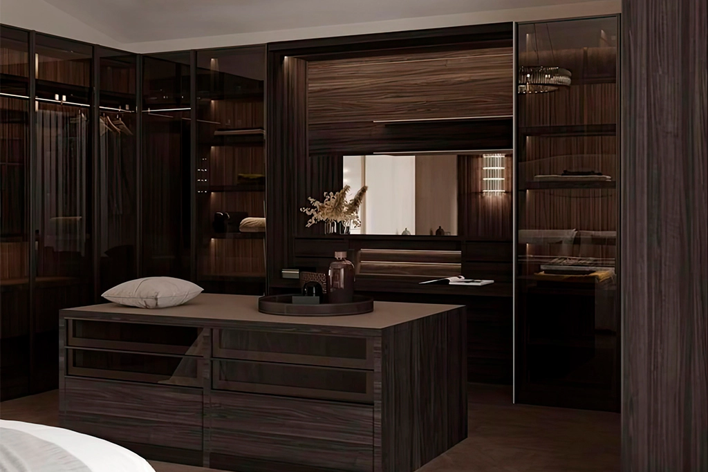 Dark brown closet with glass doors