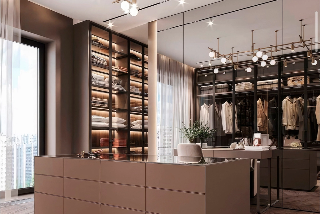 Pastel brown closet with glass doors