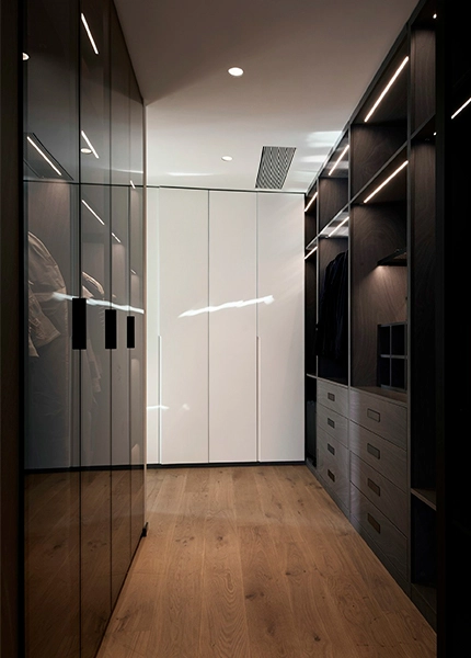 Black closet of wood with doors glass