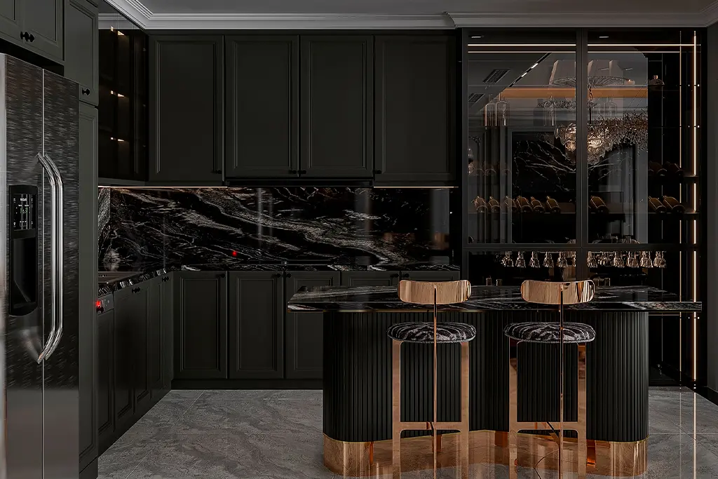 black kitchen with black marble and finishes golden
