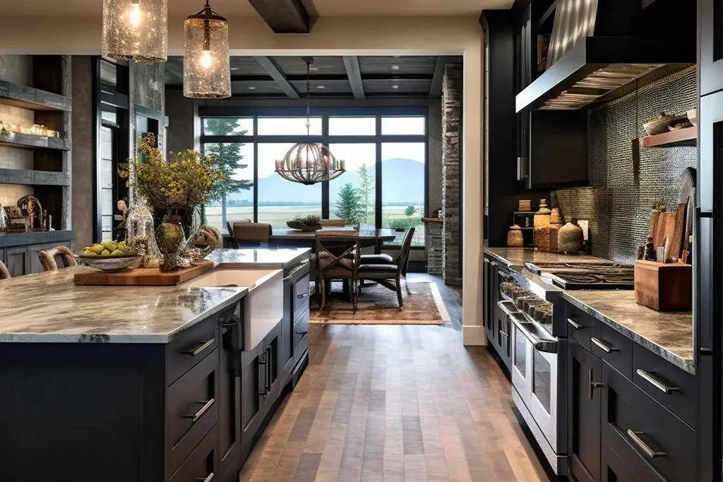 kitchen with gray marble and black gabinet