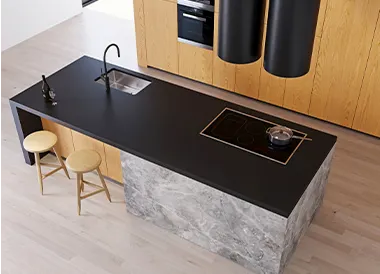 Black countertop background with wooden cabinets