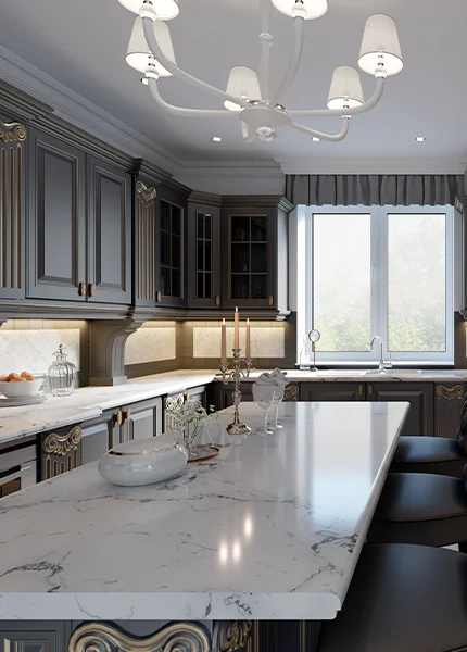 Marble countertop with gray cabinets