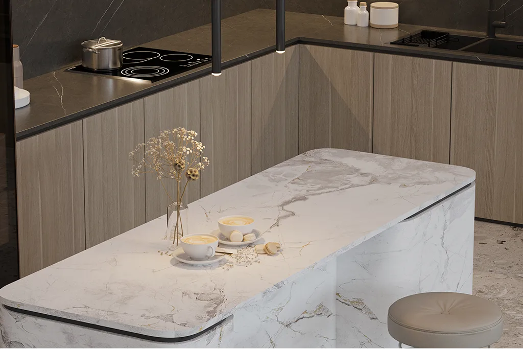 Marble countertop and gray cabinets