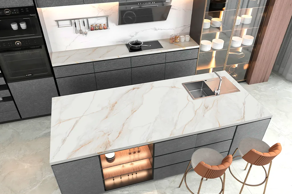 Marble countertop and gray cabinets