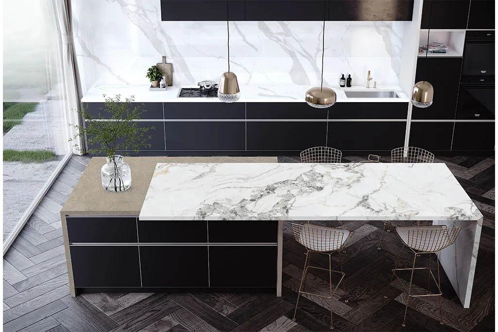 Marble countertop and black cabinets