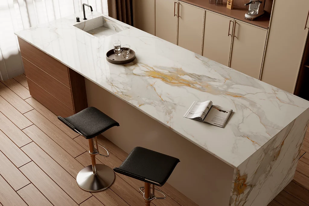 White countertop with brown and wood cabinets