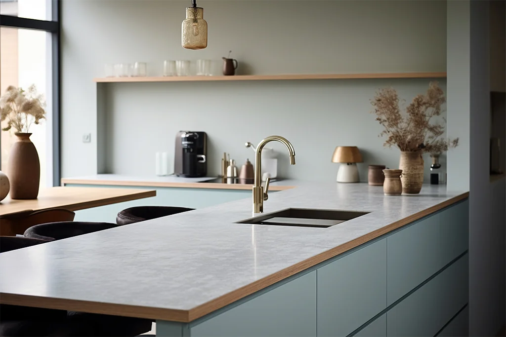 white countertop with wooden corner details